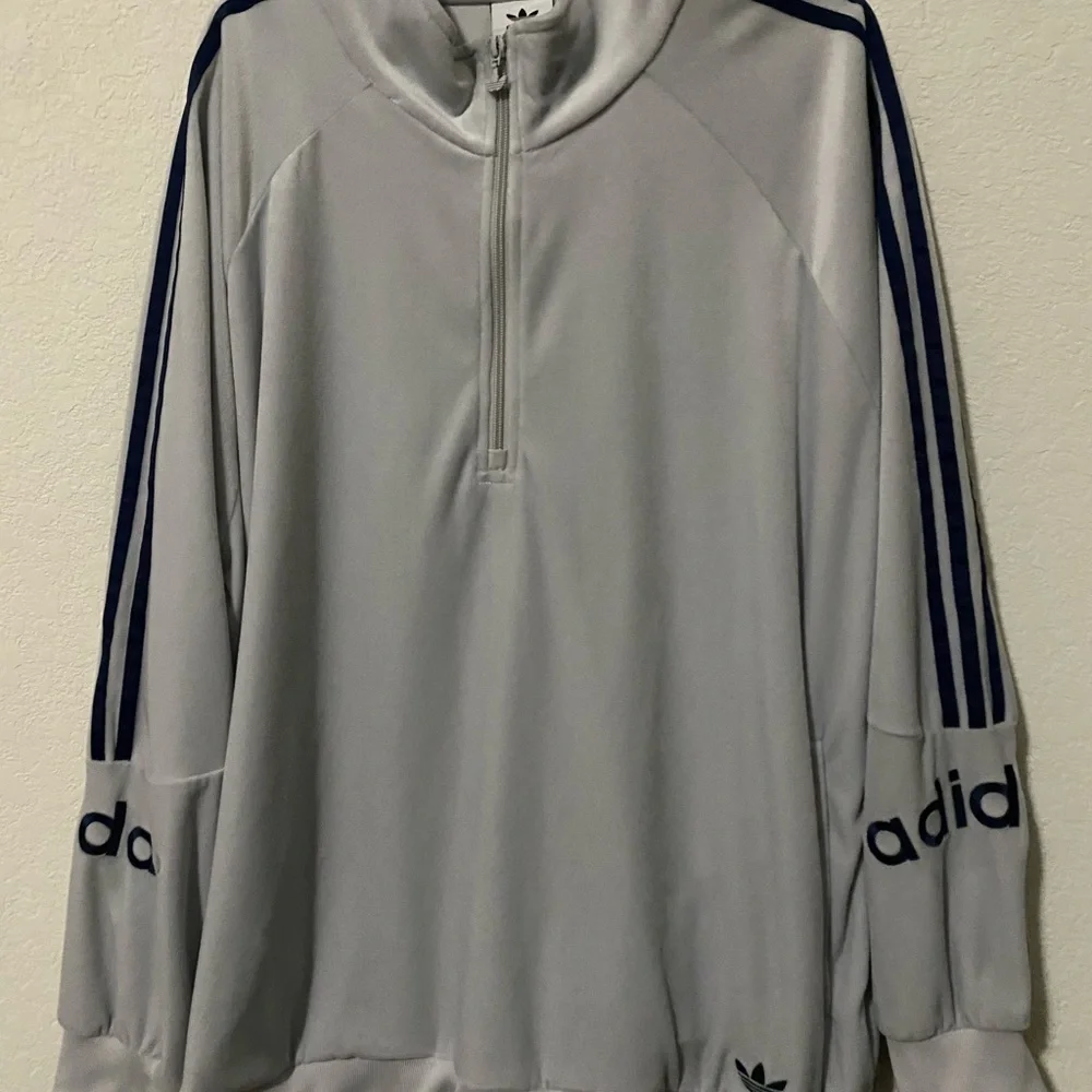 ADIDAS ORIGINALS 90’s ARCHIVE RETRO VELOUR LOGO HALF ZIP GRAY BLUE SWEATSHIRT XL